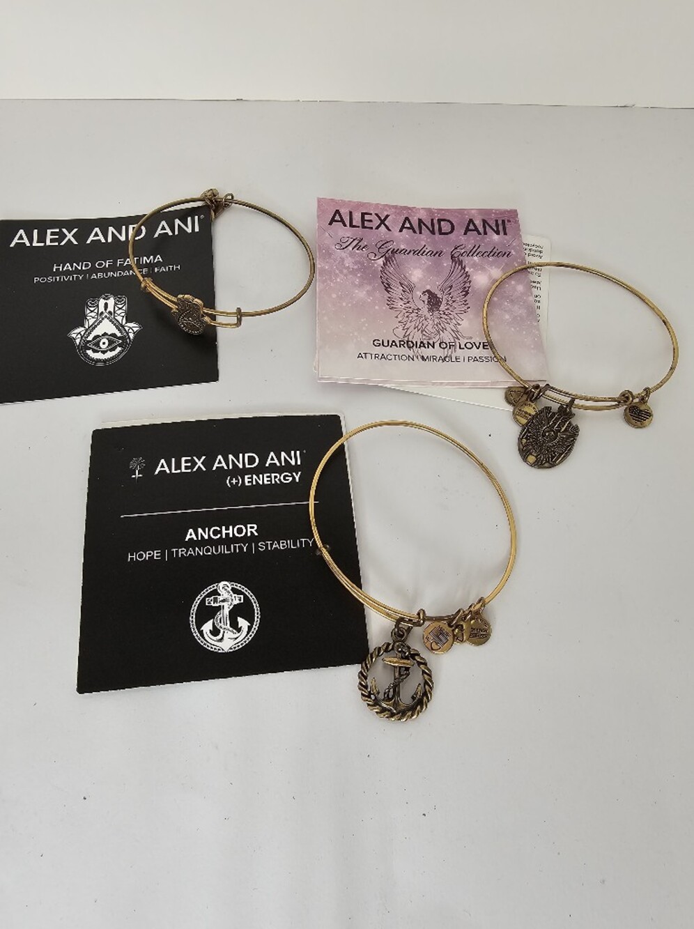 Alex and Ani Bracelet Set of 3 Guardian of Love, Anchor & Hand of Fatima Bangles